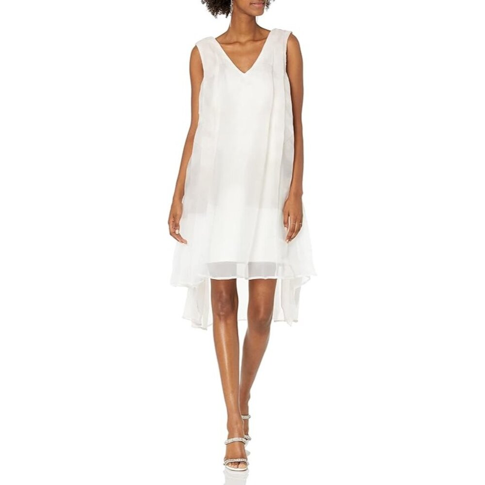 Making The Cut Graphical White Pink Sheer Overlay Modern Shift Dress Women XS